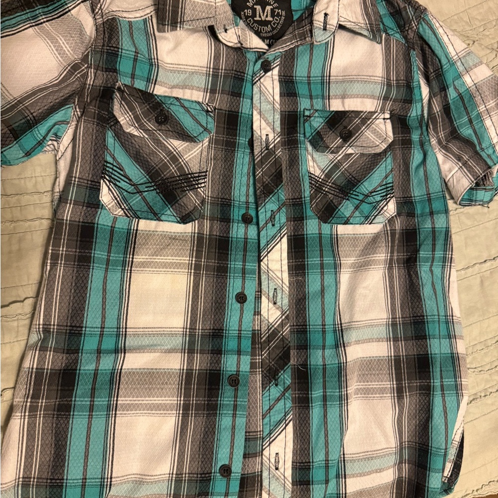 Machine Custom Co Teal and Black Plaid Button Down Shirt